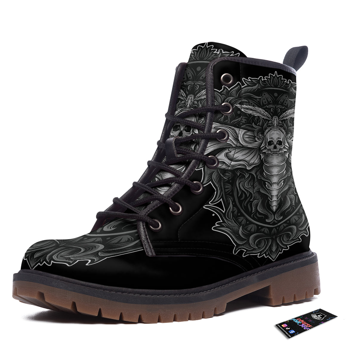 Grey Moth Skull Print Work Boots-grizzshop