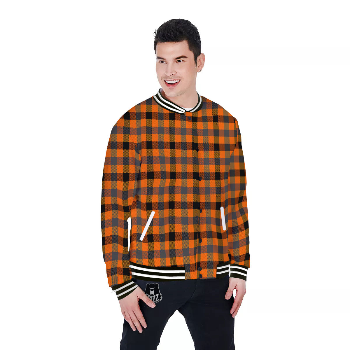 Grey Orange And White Tartan Print Pattern Baseball Jacket-grizzshop