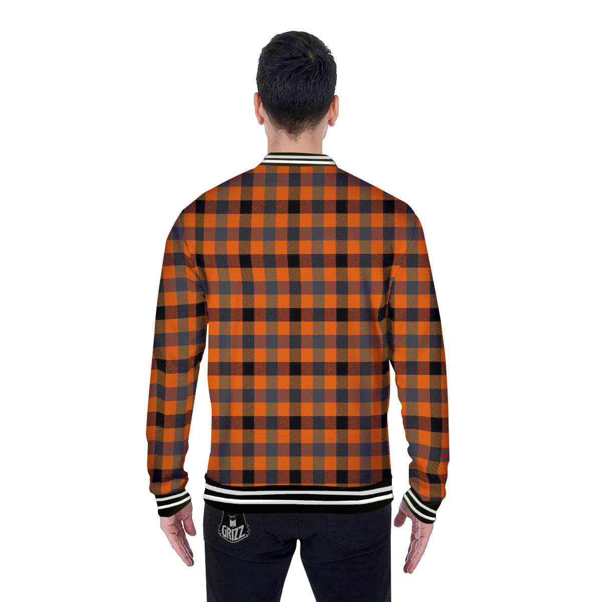 Grey Orange And White Tartan Print Pattern Baseball Jacket-grizzshop