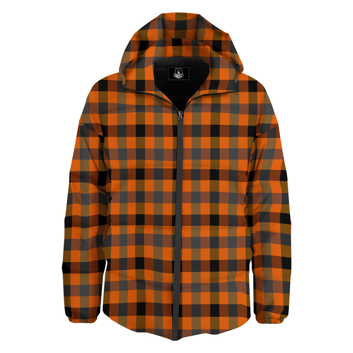 Grey Orange And White Tartan Print Pattern Down Jacket-grizzshop