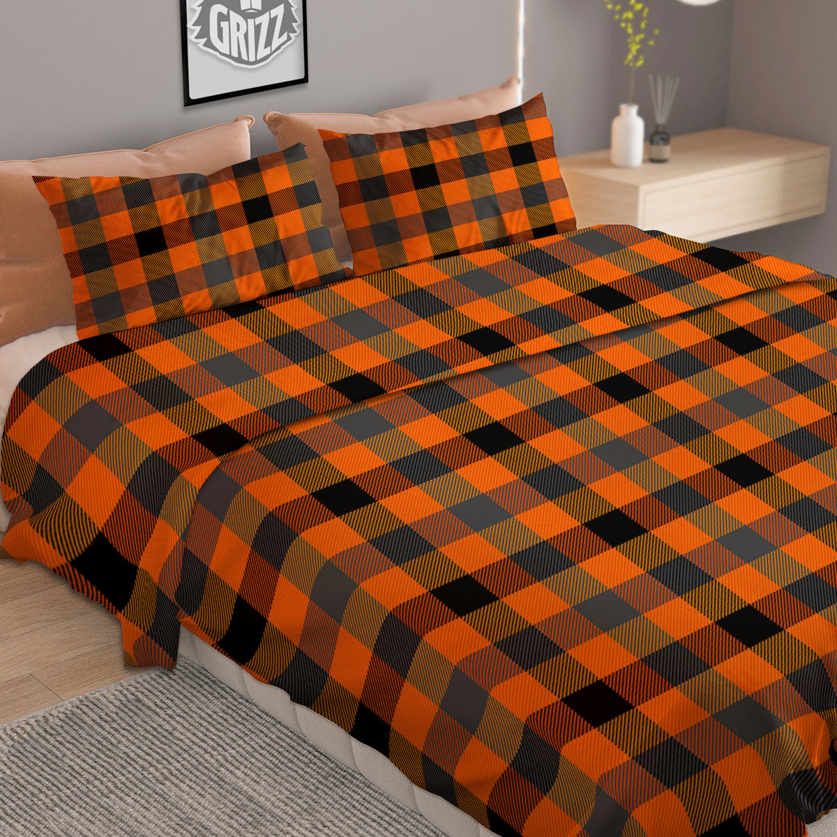 Grey Orange And White Tartan Print Pattern Duvet Cover Bedding Set