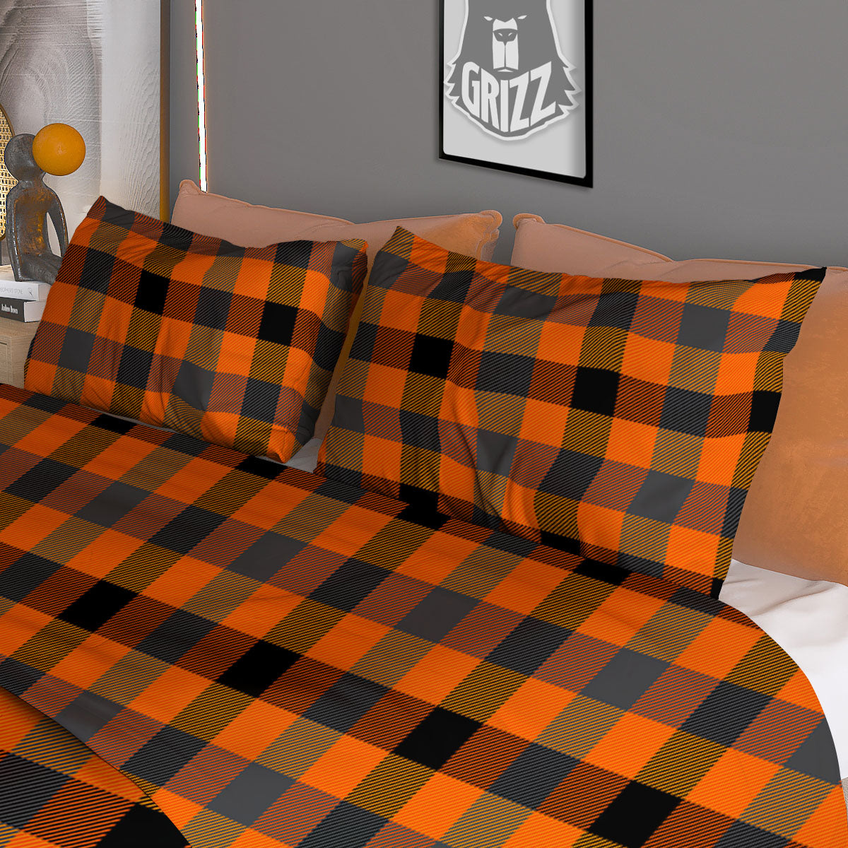 Grey Orange And White Tartan Print Pattern Duvet Cover Bedding Set
