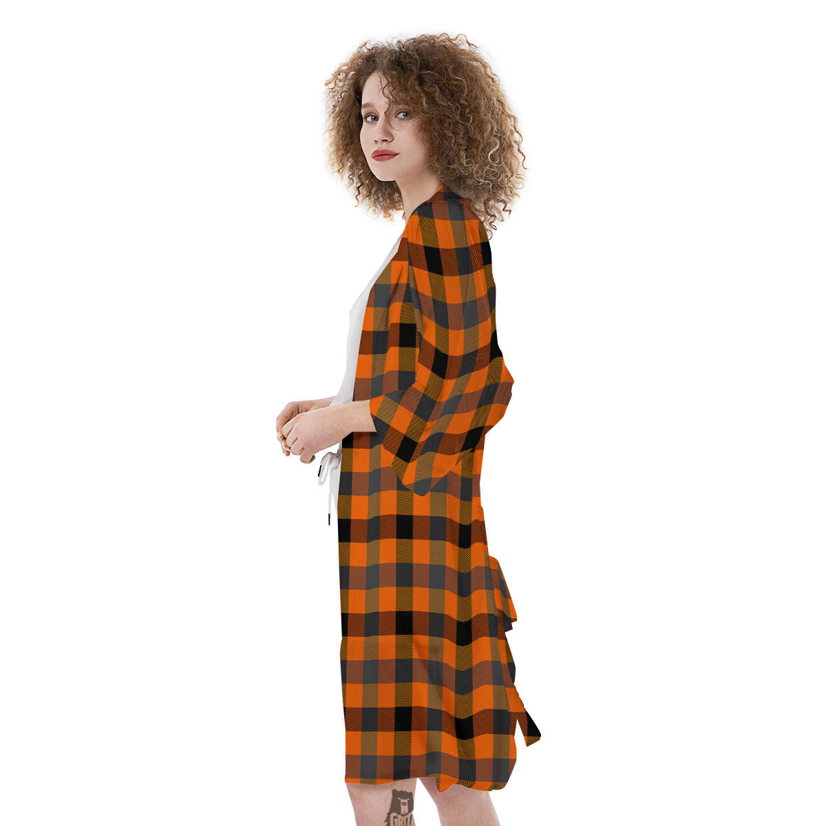 Grey Orange And White Tartan Print Pattern Kimono-grizzshop