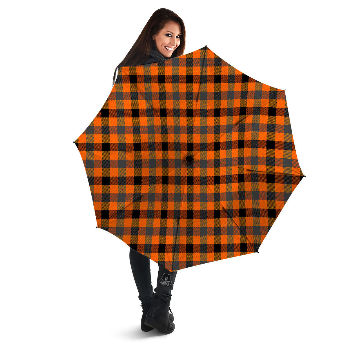 Grey Orange And White Tartan Print Pattern Umbrella-grizzshop
