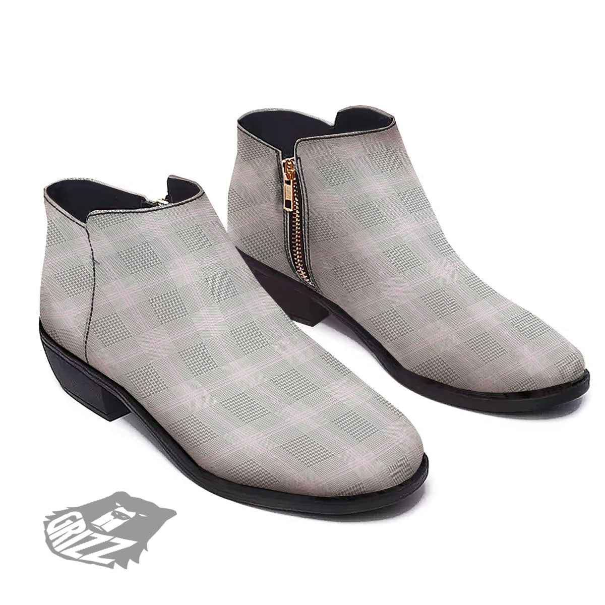 Grey Prince Of Wales Check Print Ankle Boots-grizzshop