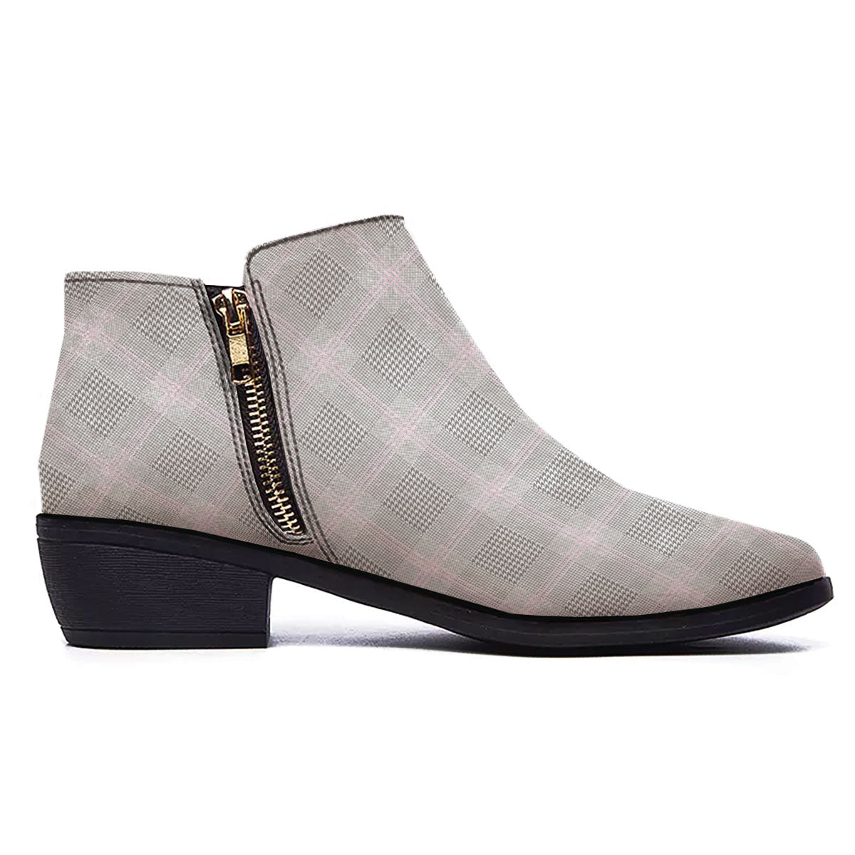 Grey Prince Of Wales Check Print Ankle Boots-grizzshop