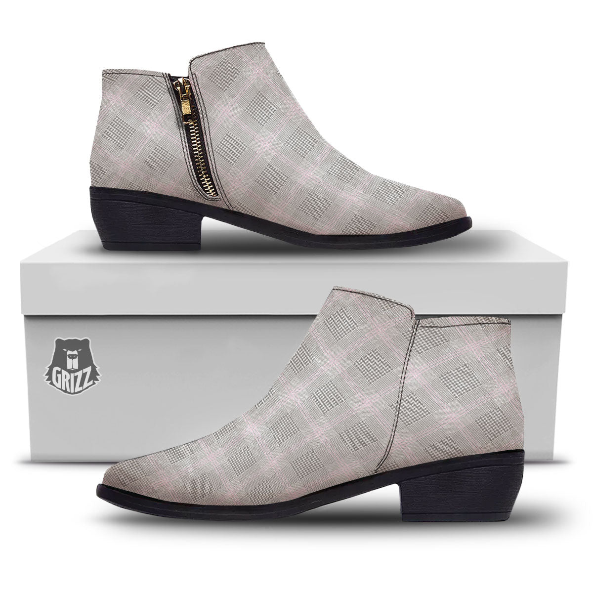 Grey Prince Of Wales Check Print Ankle Boots-grizzshop