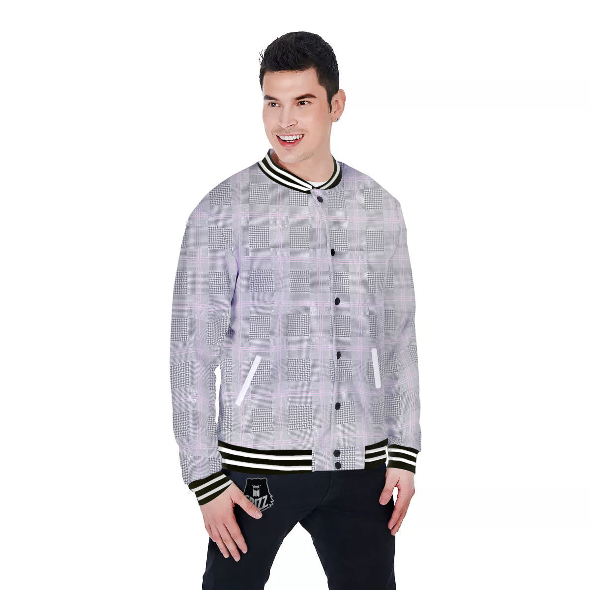 Grey Prince Of Wales Check Print Baseball Jacket-grizzshop