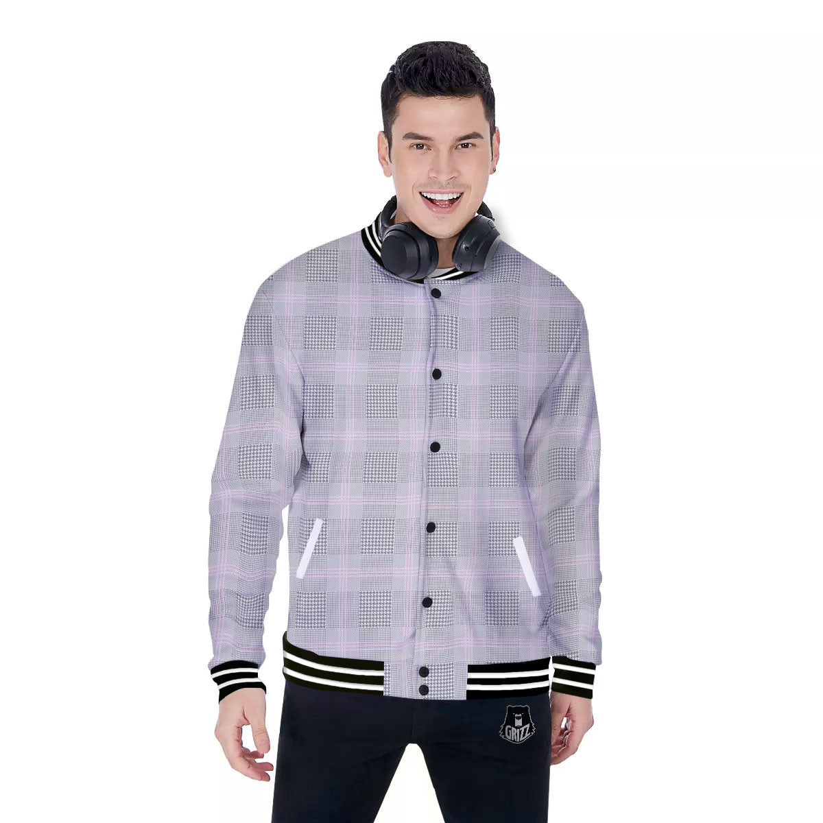 Grey Prince Of Wales Check Print Baseball Jacket-grizzshop