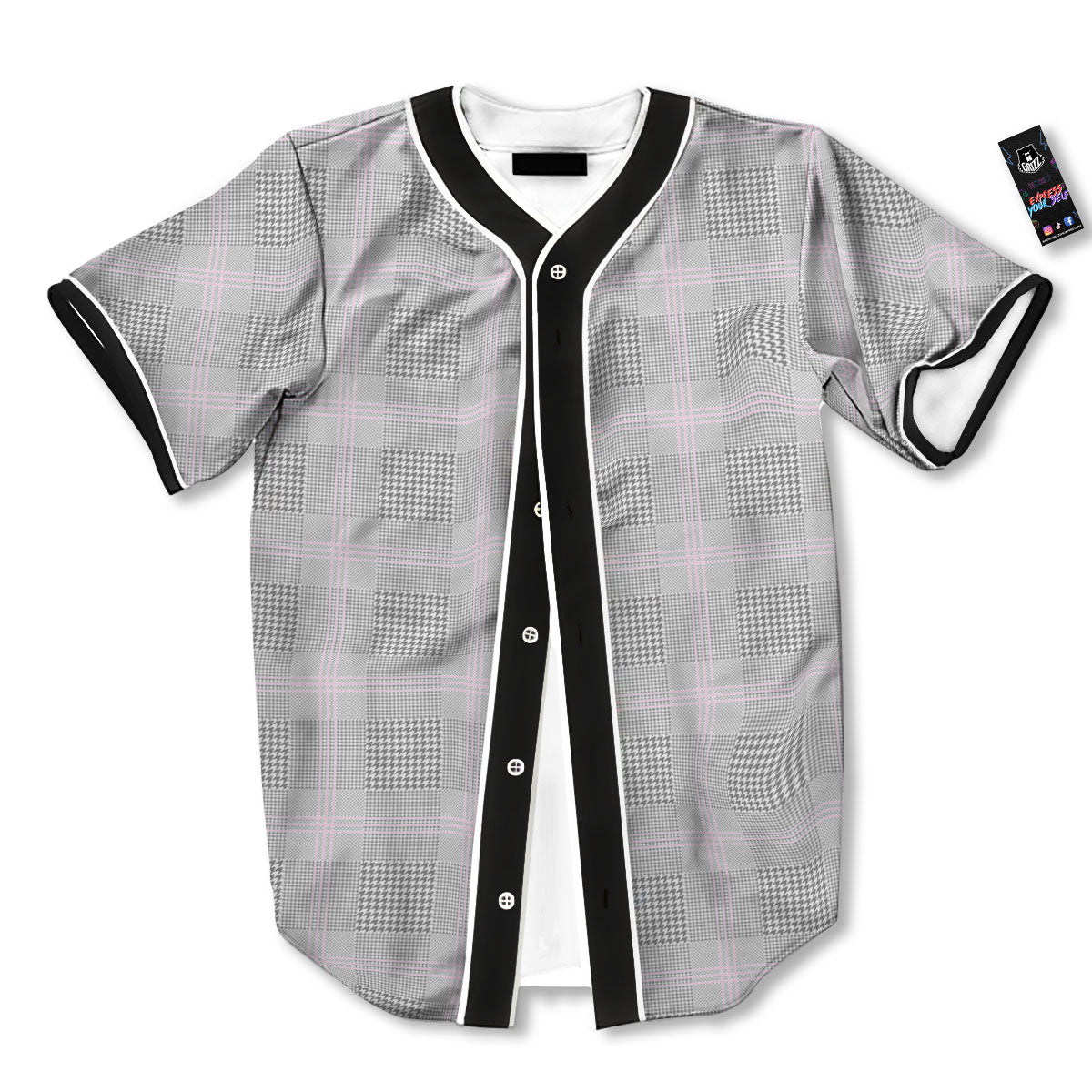 Grey Prince Of Wales Check Print Baseball Jersey-grizzshop