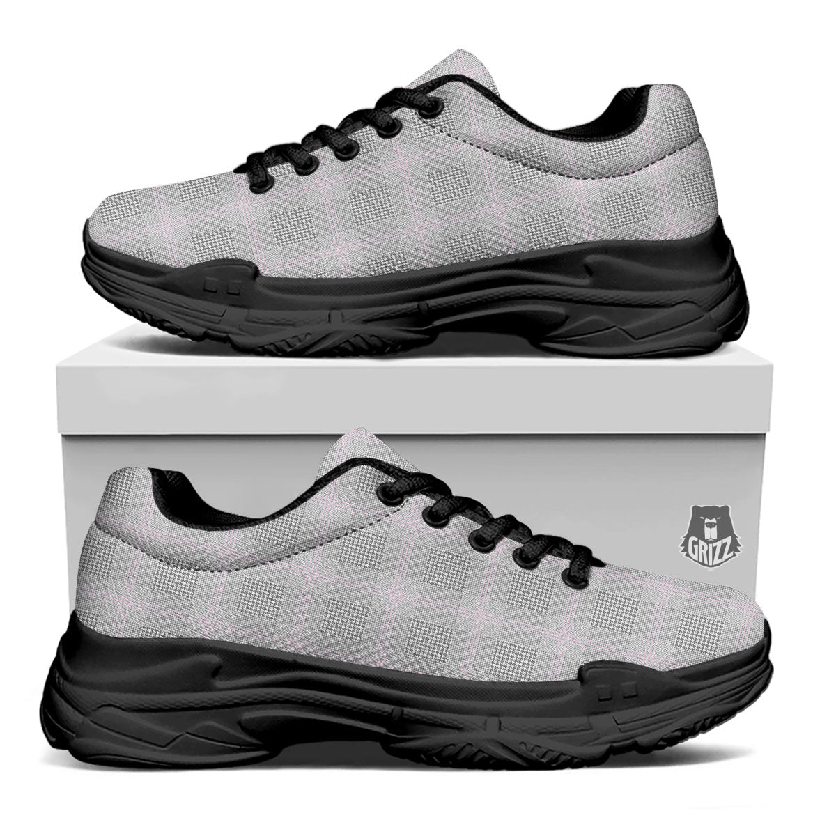 Grey Prince Of Wales Check Print Black Chunky Shoes-grizzshop