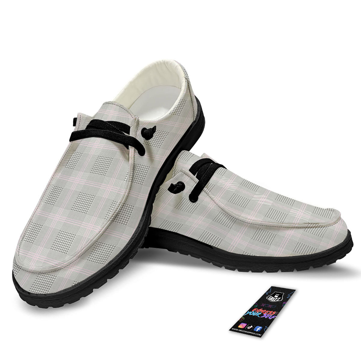Grey Prince Of Wales Check Print Black Loafers-grizzshop