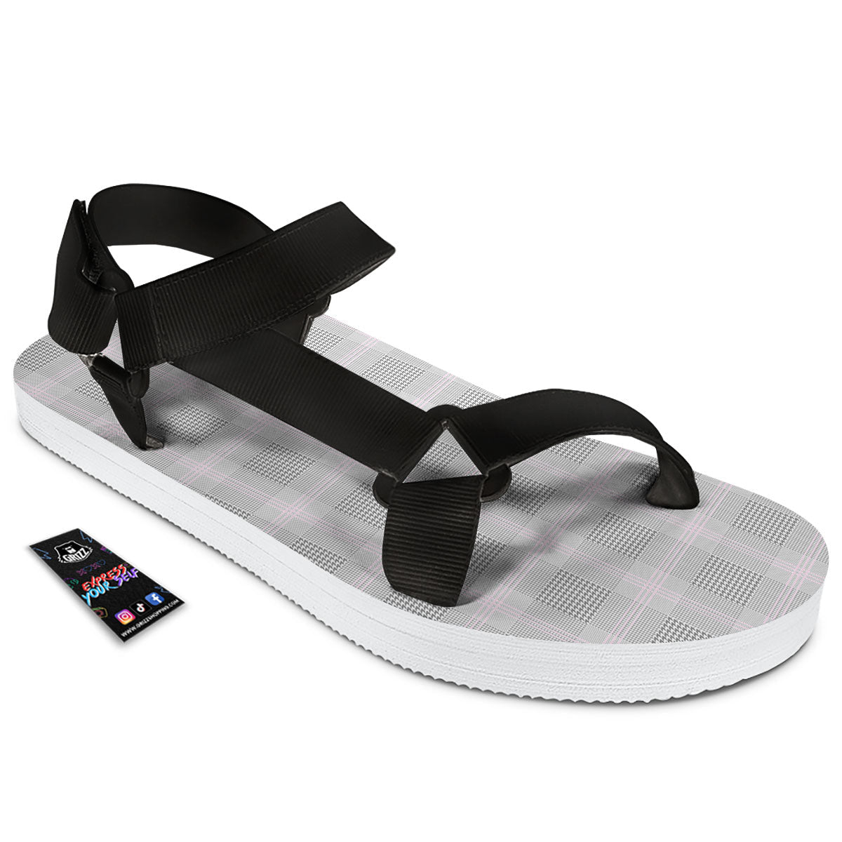 Grey Prince Of Wales Check Print Black Open Toe Sandals-grizzshop