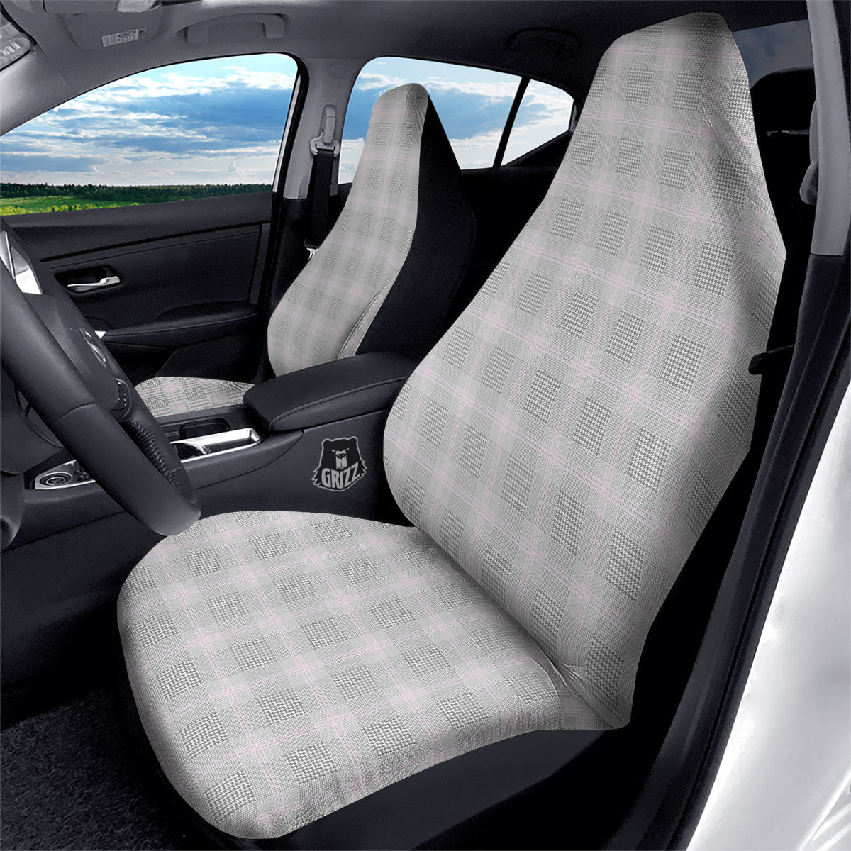 Grey Prince Of Wales Check Print Car Seat Covers-grizzshop