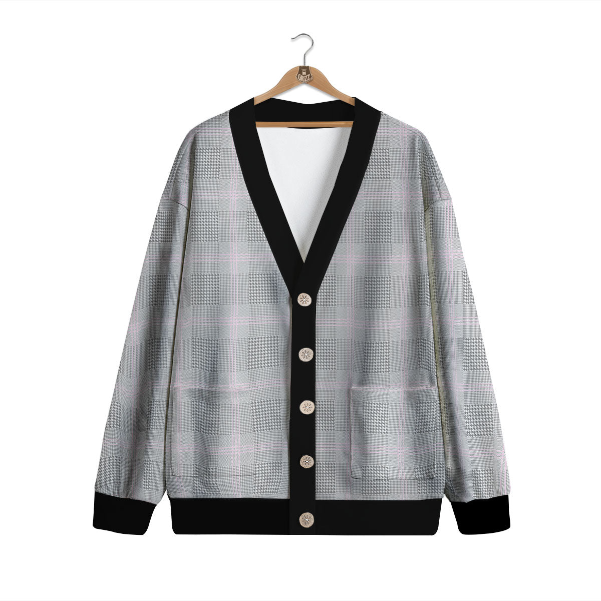 Grey Prince Of Wales Check Print Cardigan-grizzshop