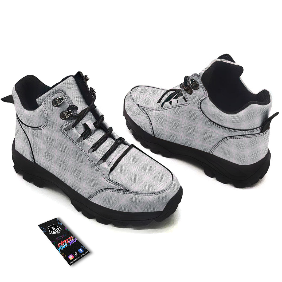 Grey Prince Of Wales Check Print Hiking Shoes-grizzshop