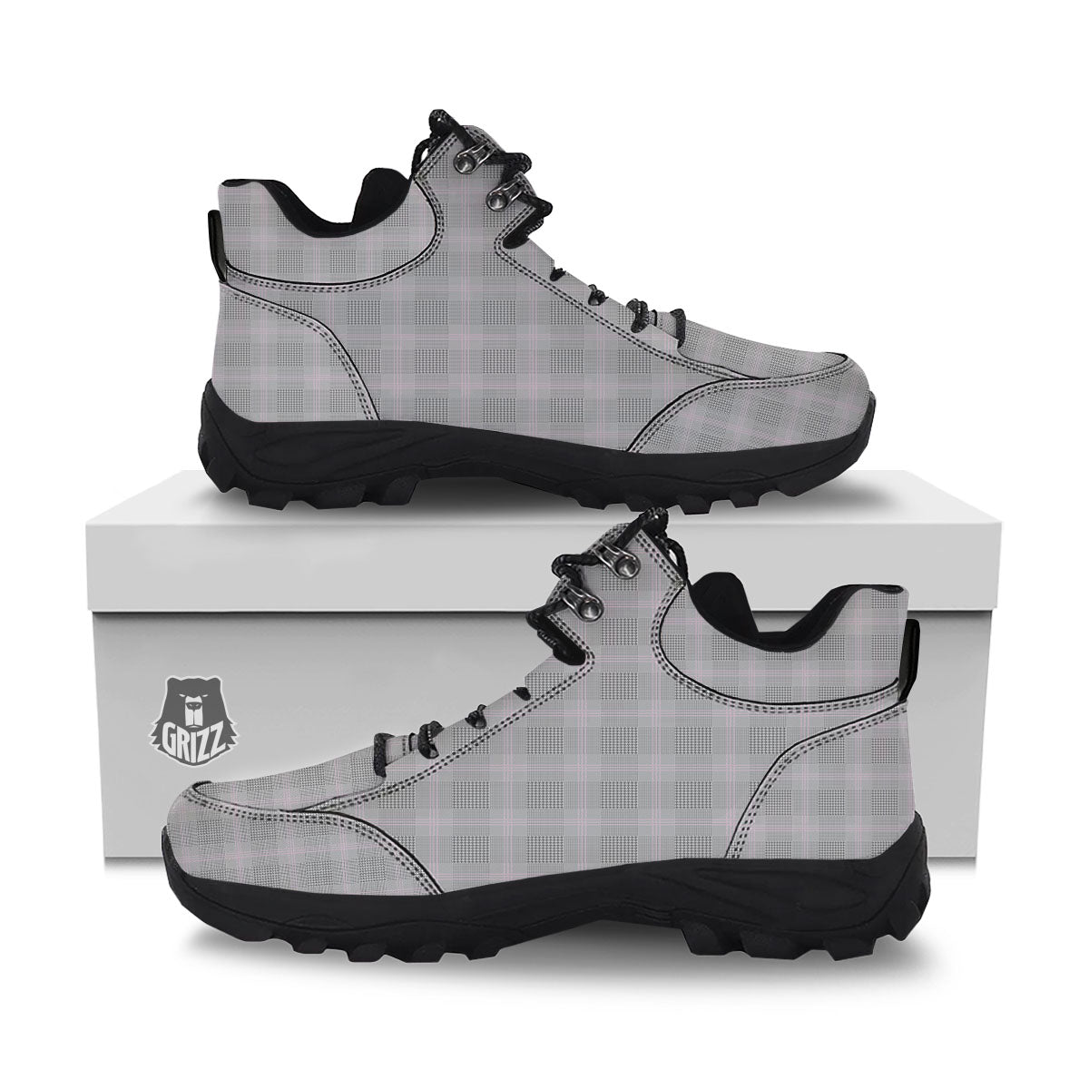 Grey Prince Of Wales Check Print Hiking Shoes-grizzshop