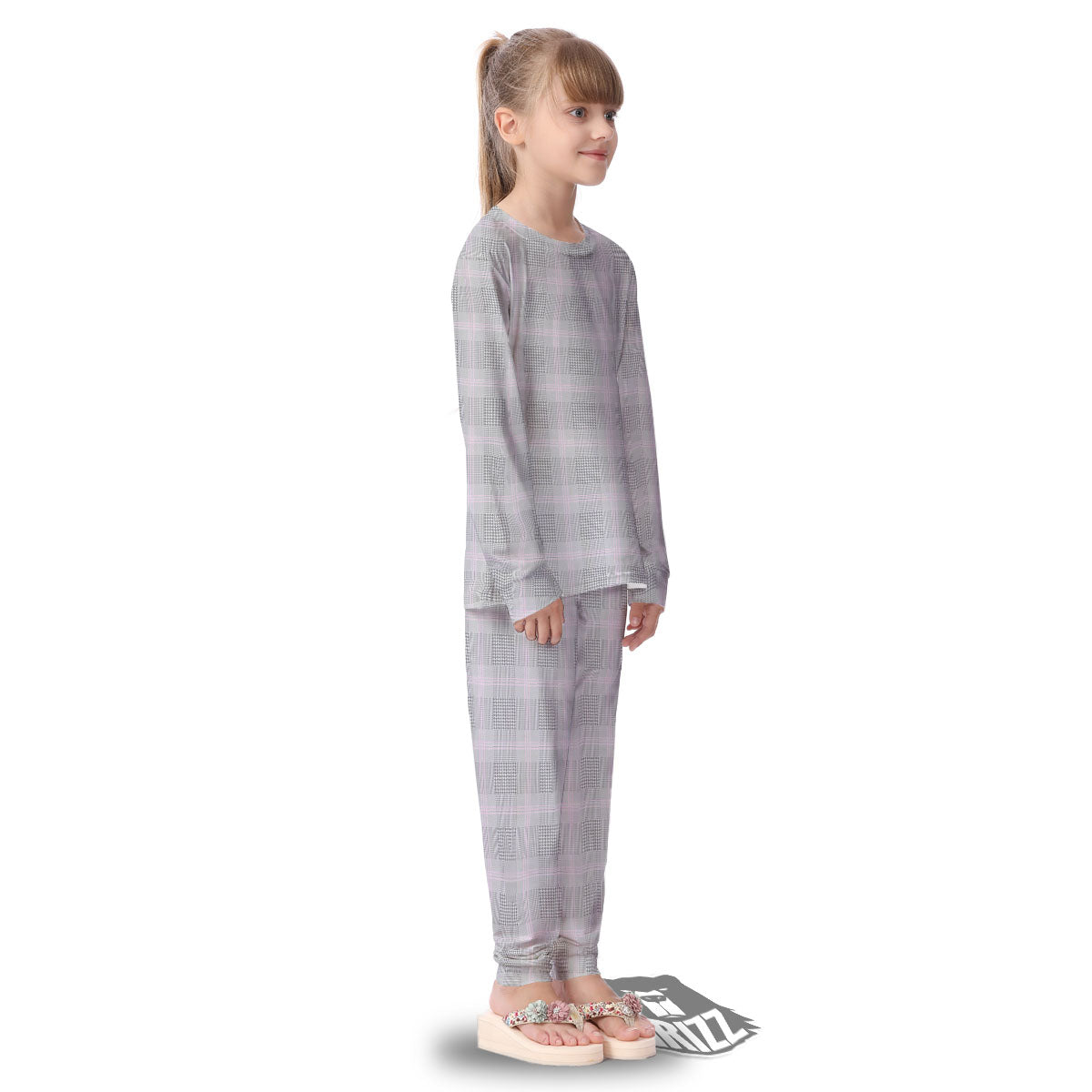 Grey Prince Of Wales Check Print Kid's Pajamas-grizzshop
