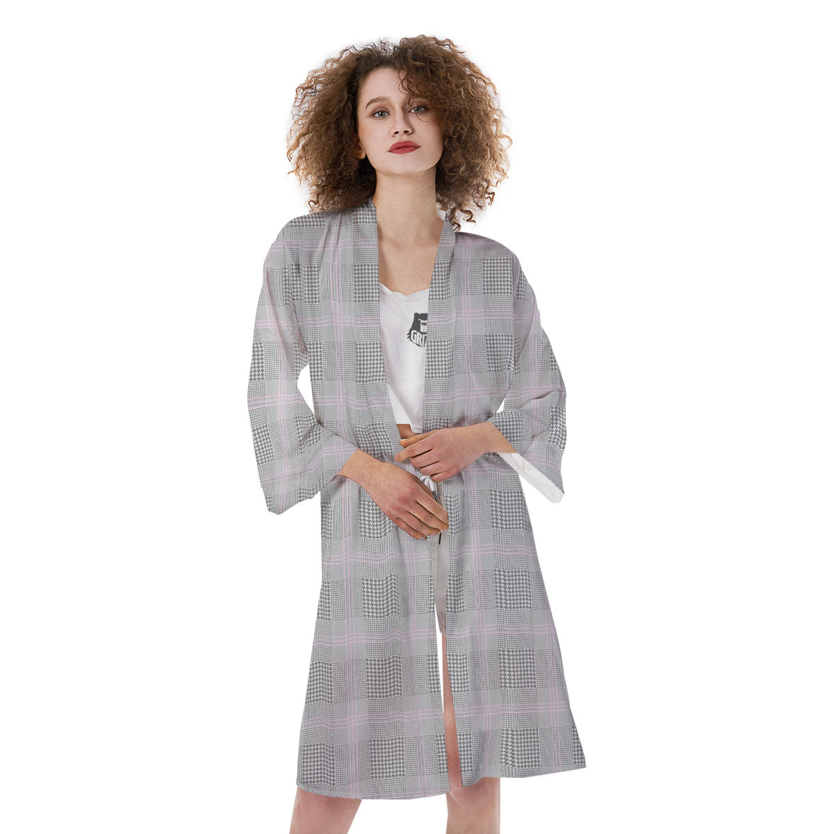 Grey Prince Of Wales Check Print Kimono-grizzshop