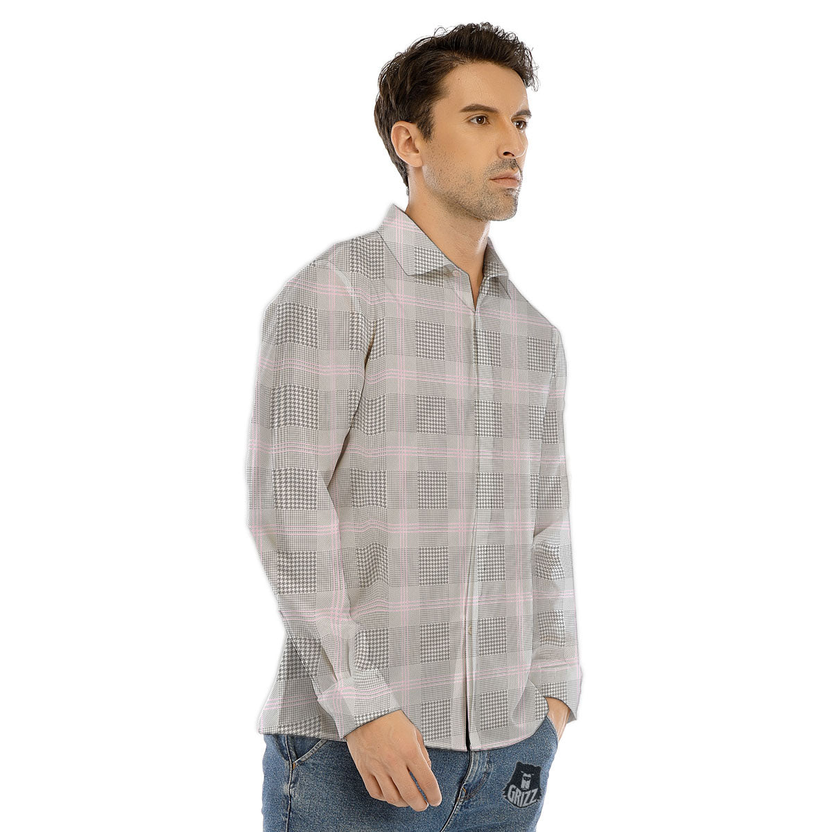 Grey Prince Of Wales Check Print Men's Dress Shirts-grizzshop