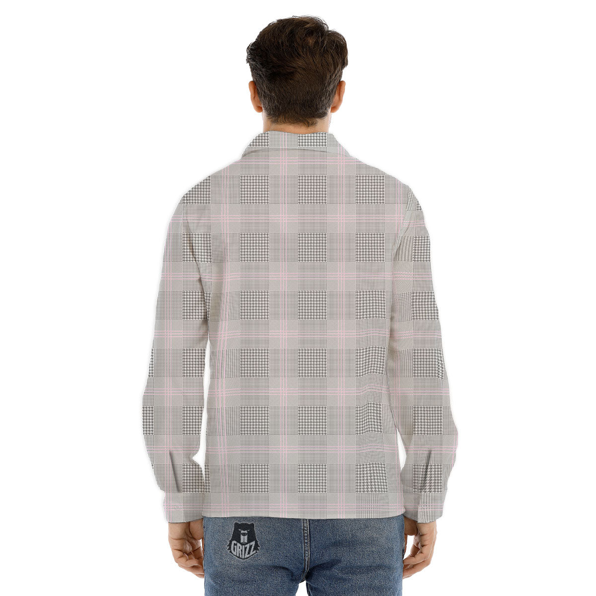 Grey Prince Of Wales Check Print Men's Dress Shirts-grizzshop