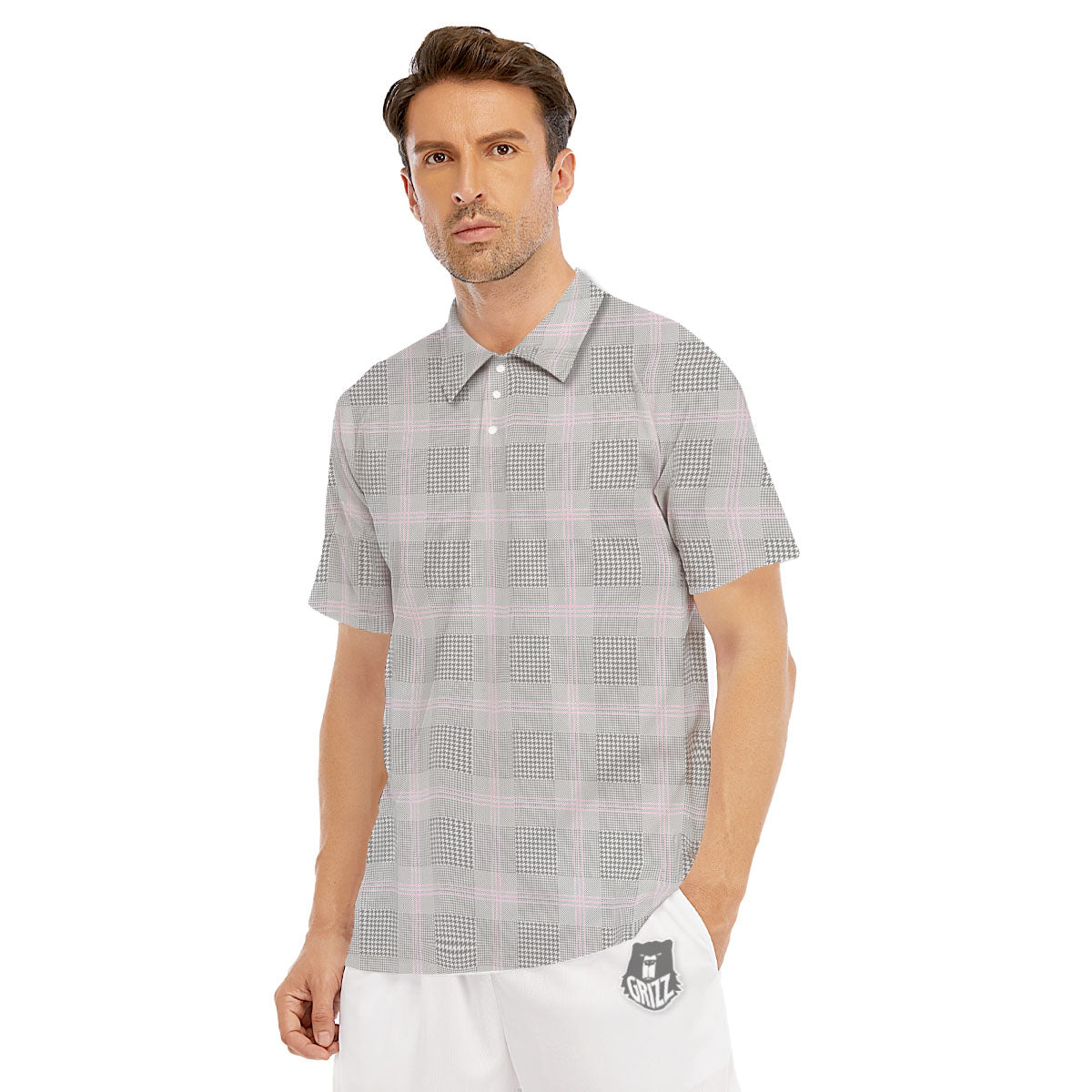 Grey Prince Of Wales Check Print Men's Golf Shirts-grizzshop