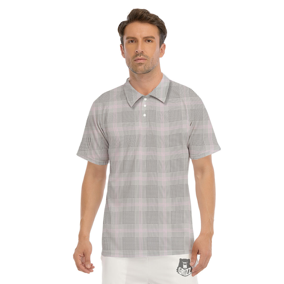 Grey Prince Of Wales Check Print Men's Golf Shirts-grizzshop