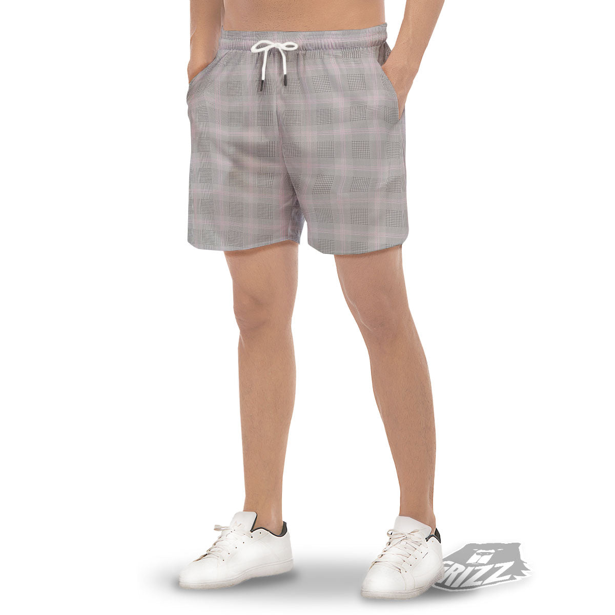 Grey Prince Of Wales Check Print Men's Gym Shorts-grizzshop