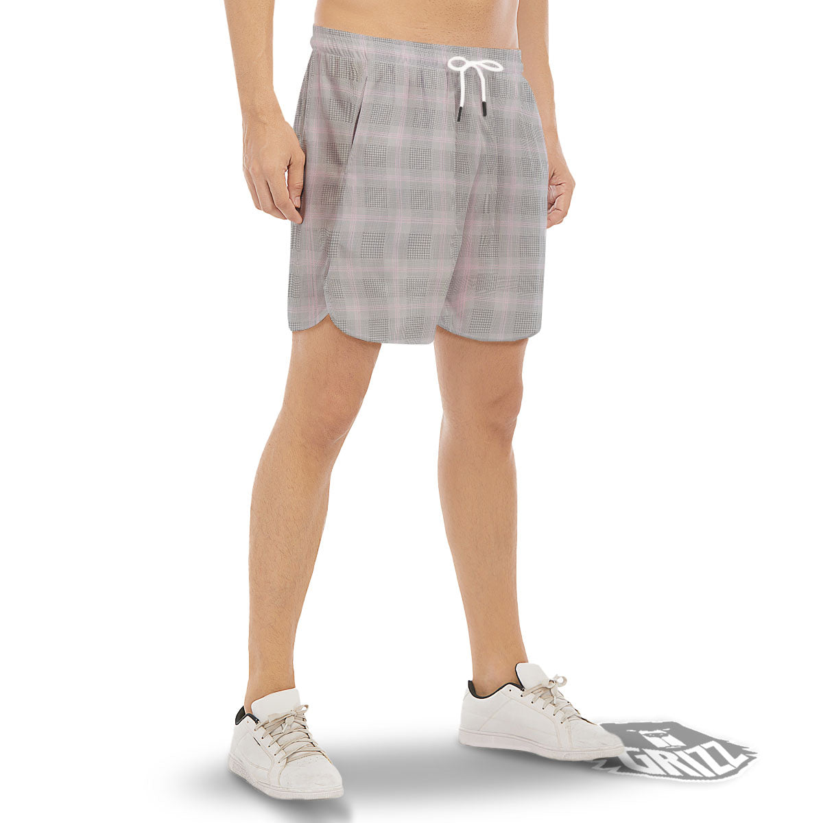 Grey Prince Of Wales Check Print Men's Gym Shorts-grizzshop