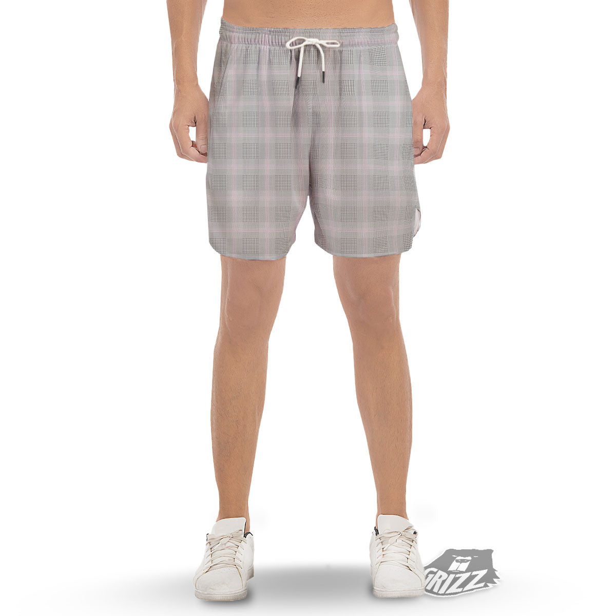 Grey Prince Of Wales Check Print Men's Gym Shorts-grizzshop