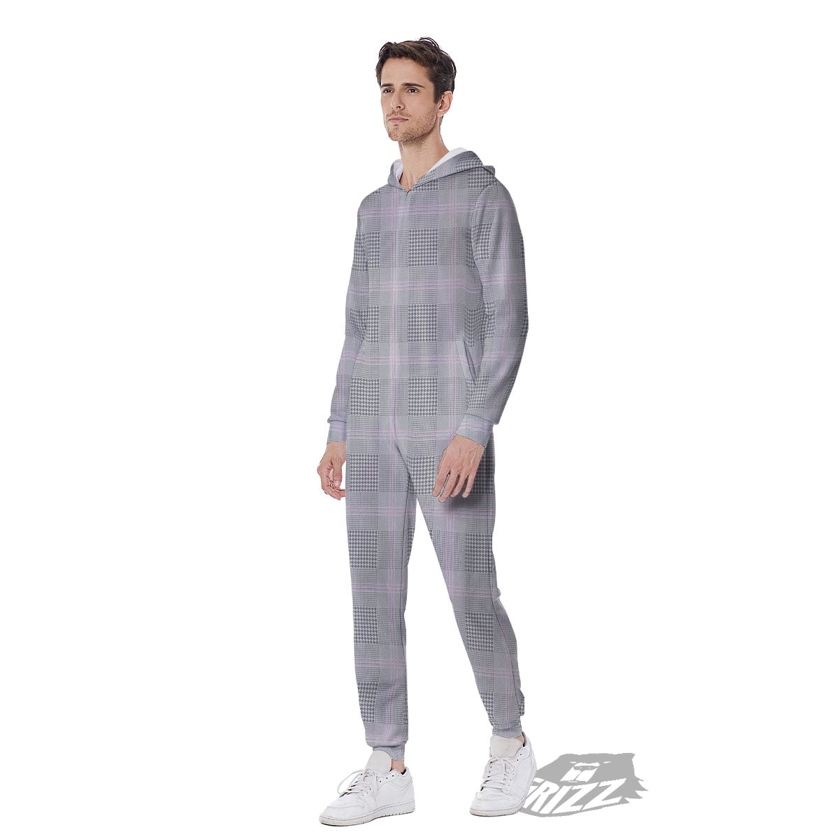 Grey Prince Of Wales Check Print Men's Jumpsuit-grizzshop