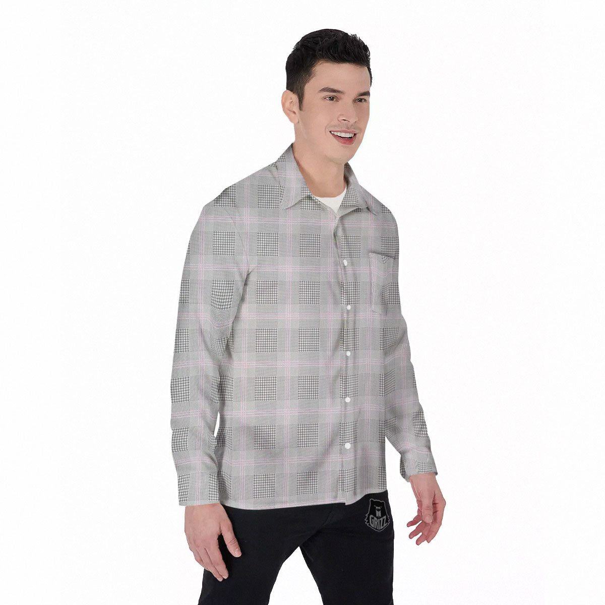 Grey Prince Of Wales Check Print Men's Long Sleeve Shirts-grizzshop