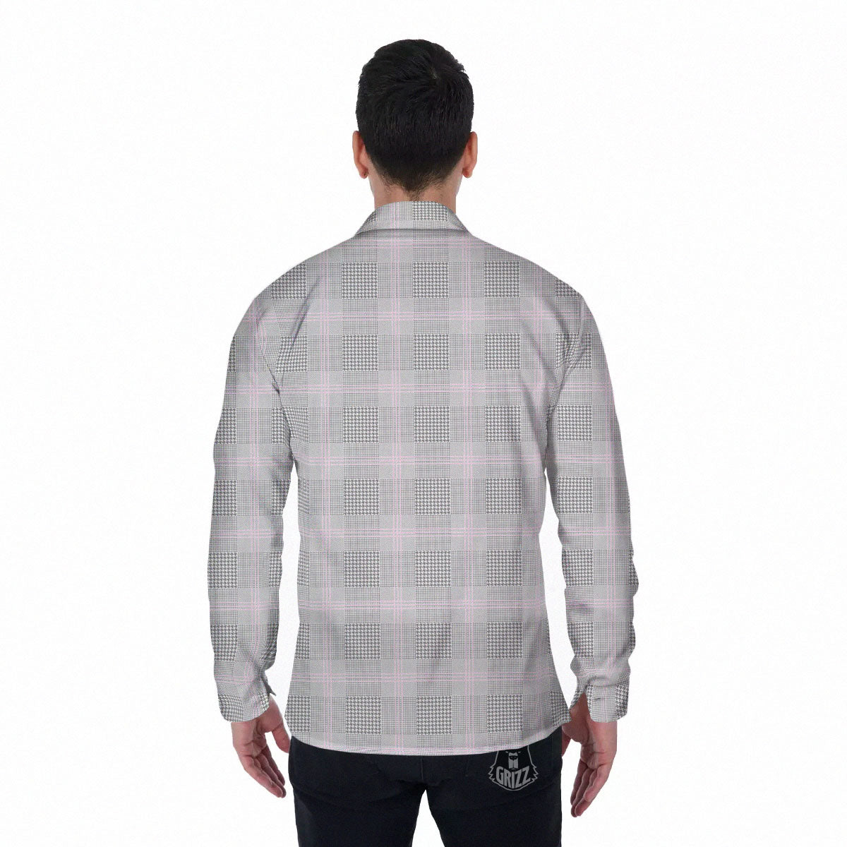 Grey Prince Of Wales Check Print Men's Long Sleeve Shirts-grizzshop