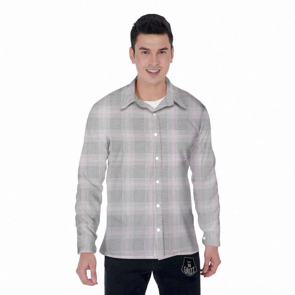 Grey Prince Of Wales Check Print Men's Long Sleeve Shirts-grizzshop