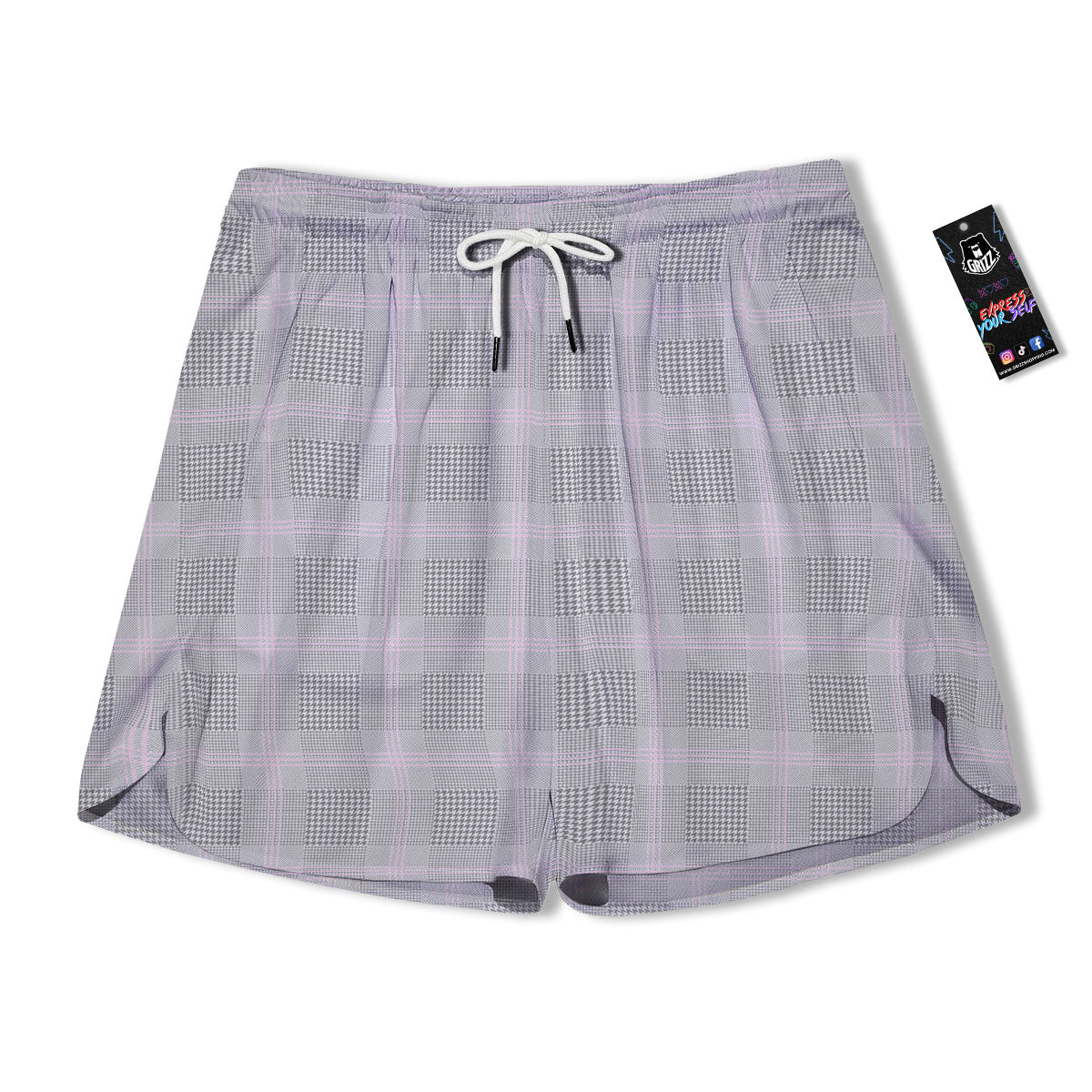 Grey Prince Of Wales Check Print Men's Running Shorts-grizzshop