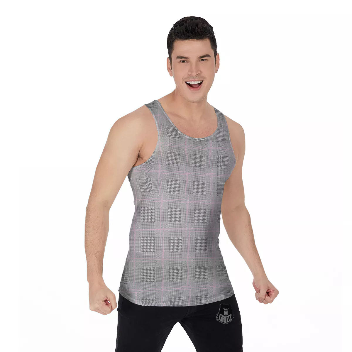 Grey Prince Of Wales Check Print Men's Tank Top-grizzshop