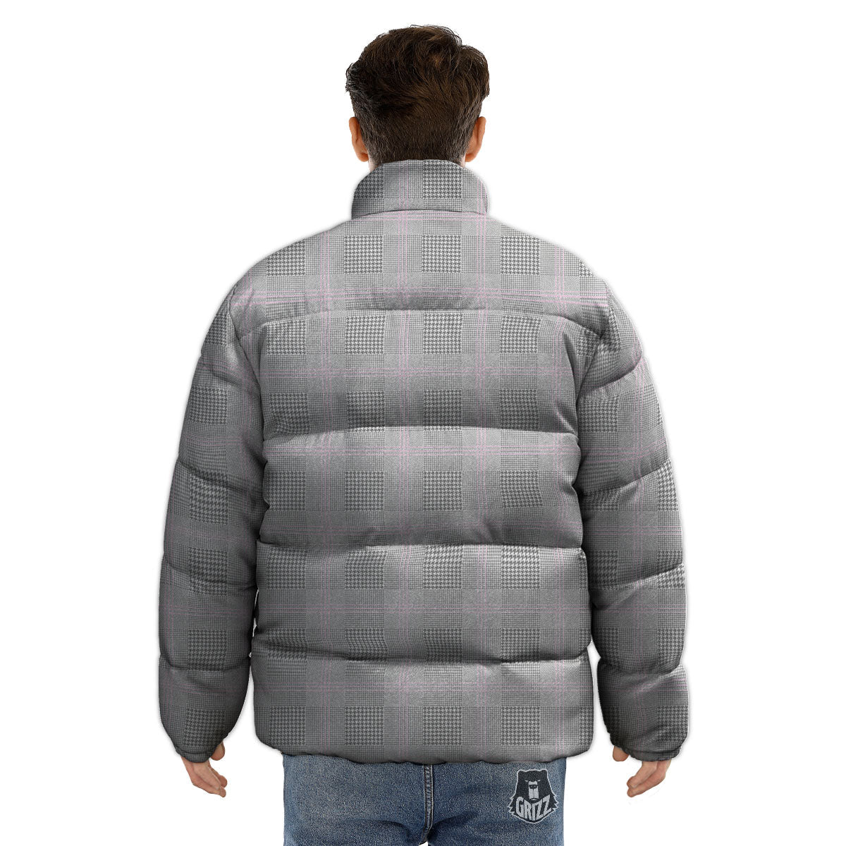 Grey Prince Of Wales Check Print Puffer Jacket-grizzshop