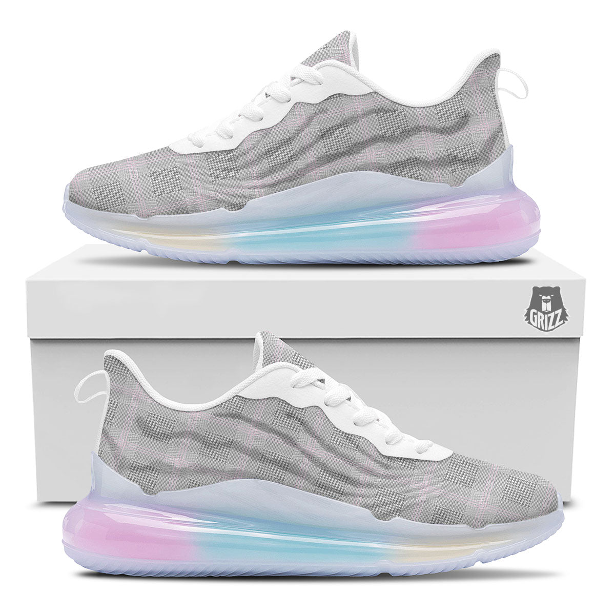 Grey Prince Of Wales Check Print Running Sneakers-grizzshop