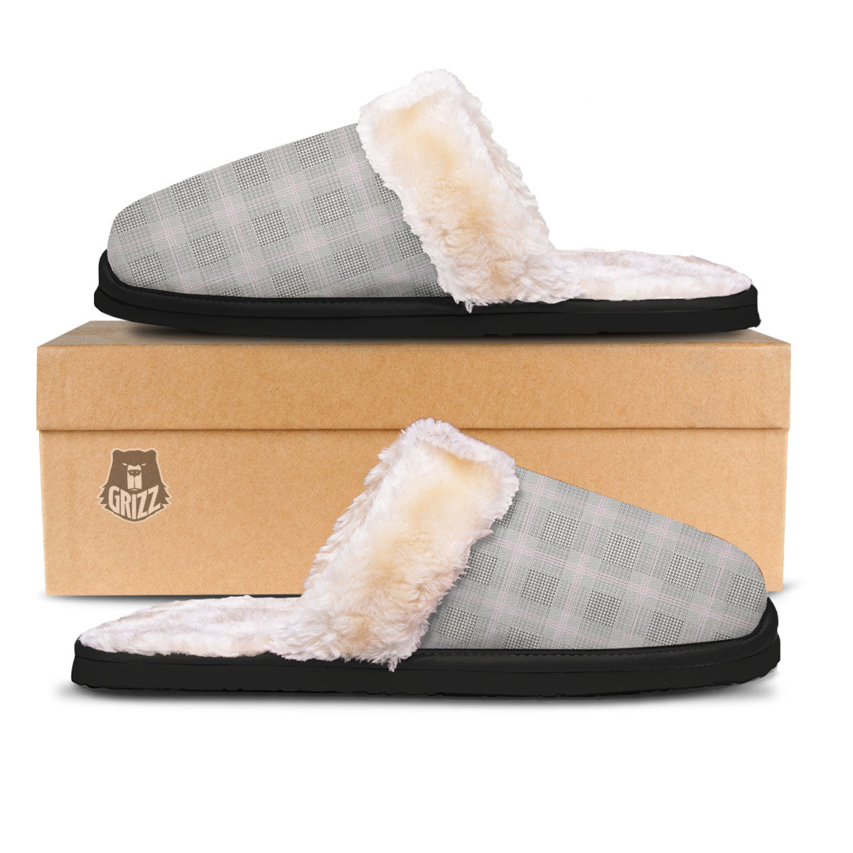 Grey Prince Of Wales Check Print Slippers-grizzshop