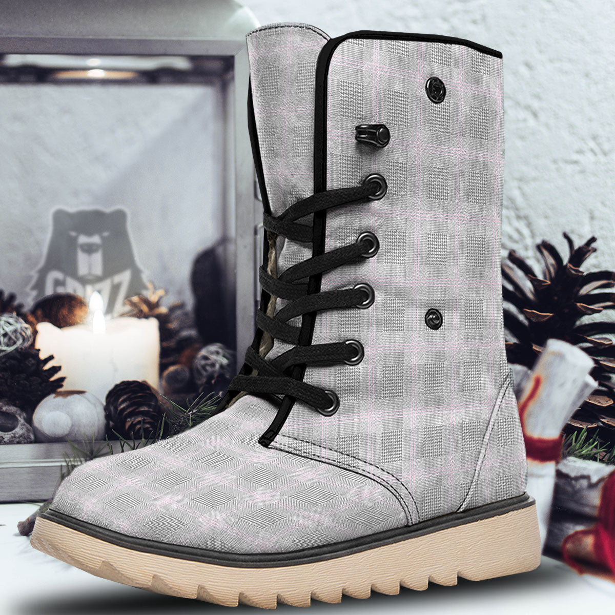 Grey Prince Of Wales Check Print Snow Boots-grizzshop