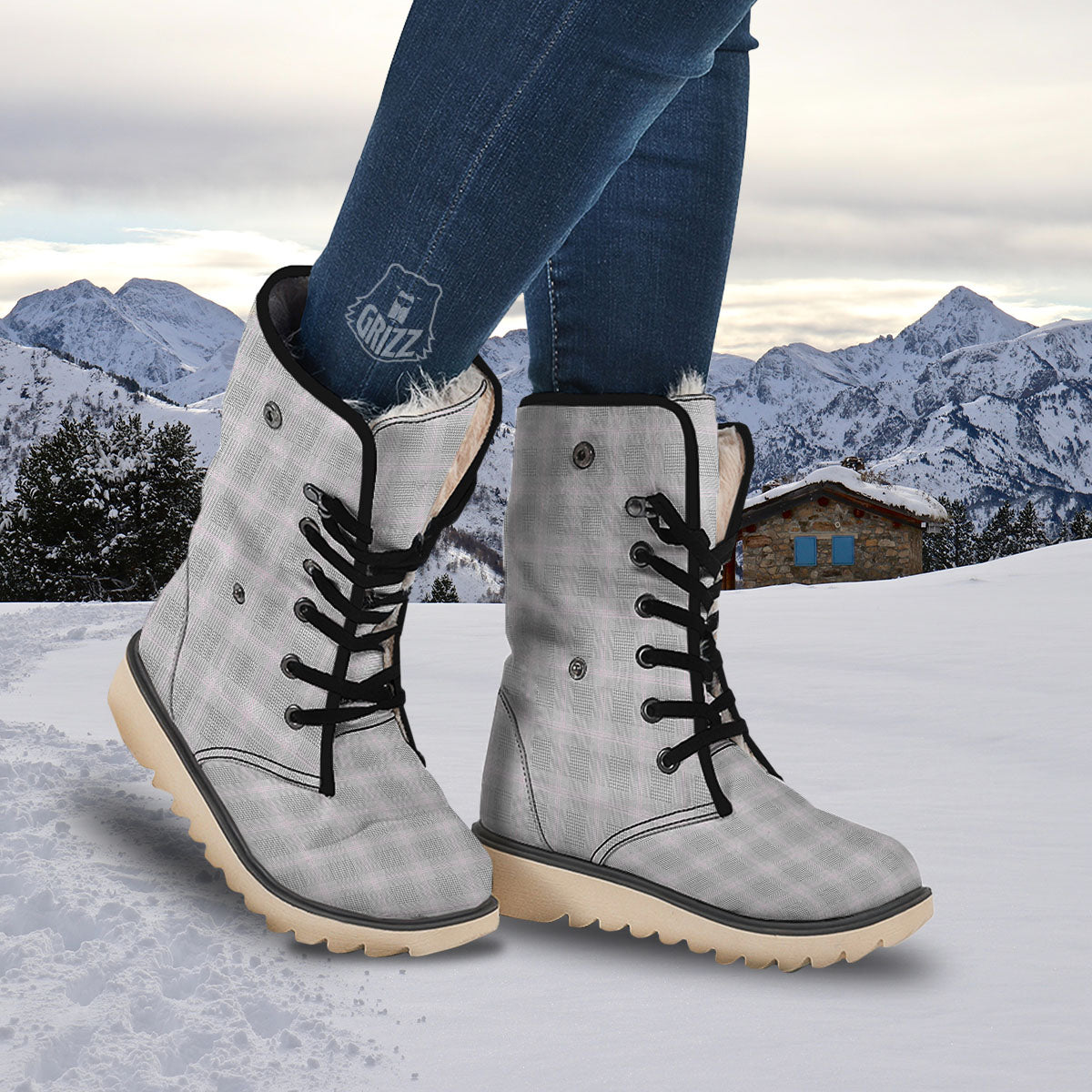 Grey Prince Of Wales Check Print Snow Boots-grizzshop