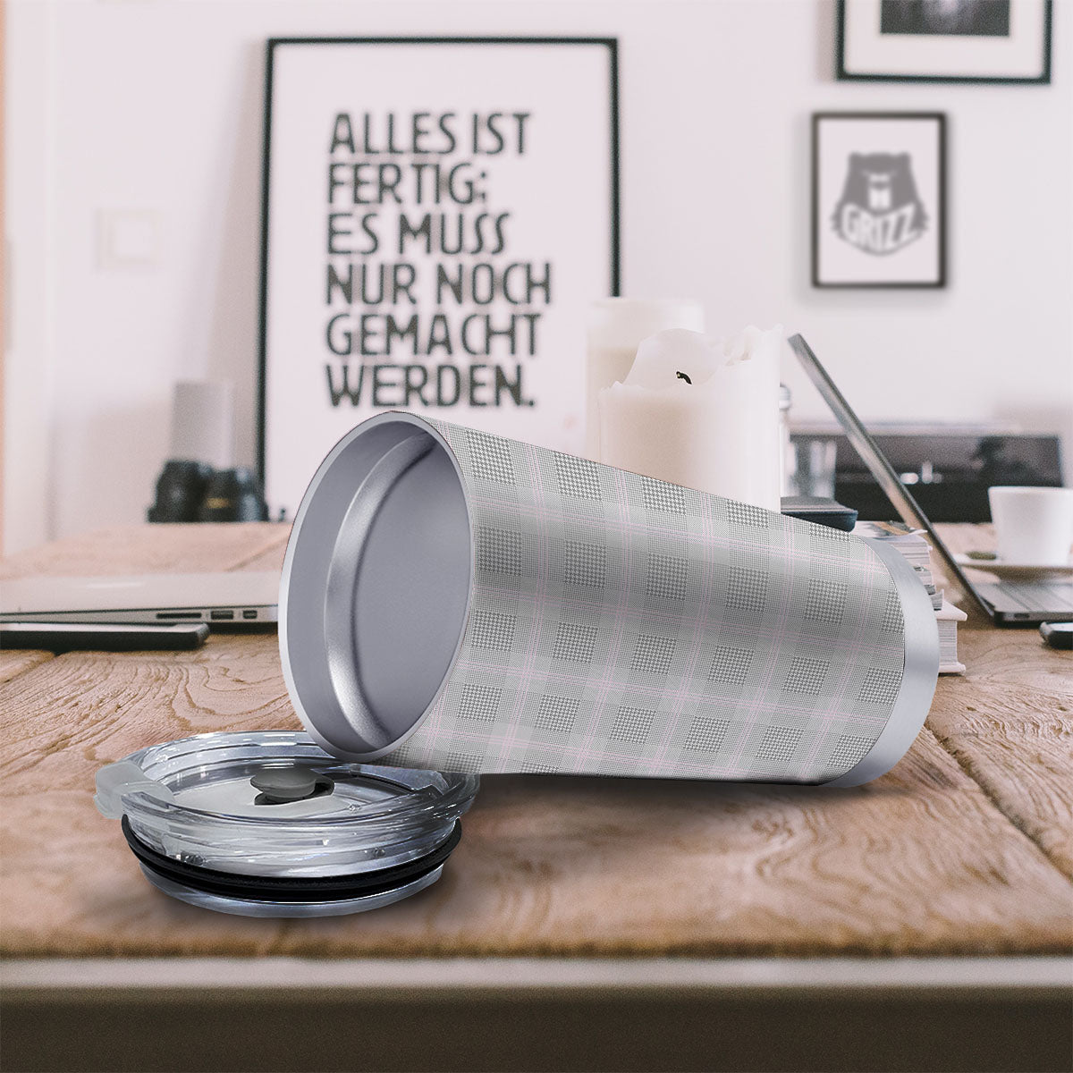 Grey Prince Of Wales Check Print Tumbler-grizzshop