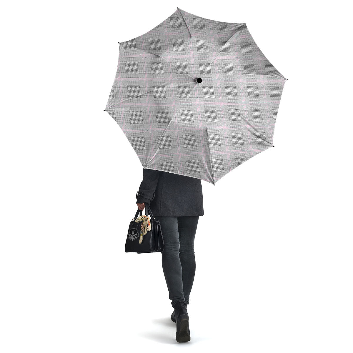 Grey Prince Of Wales Check Print Umbrella-grizzshop