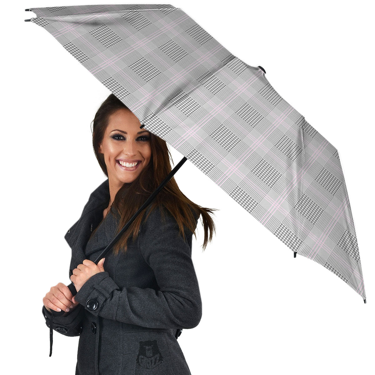 Grey Prince Of Wales Check Print Umbrella-grizzshop