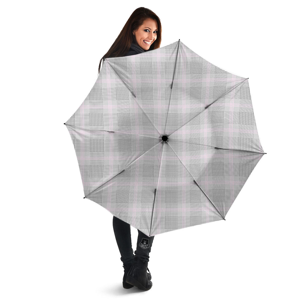 Grey Prince Of Wales Check Print Umbrella-grizzshop