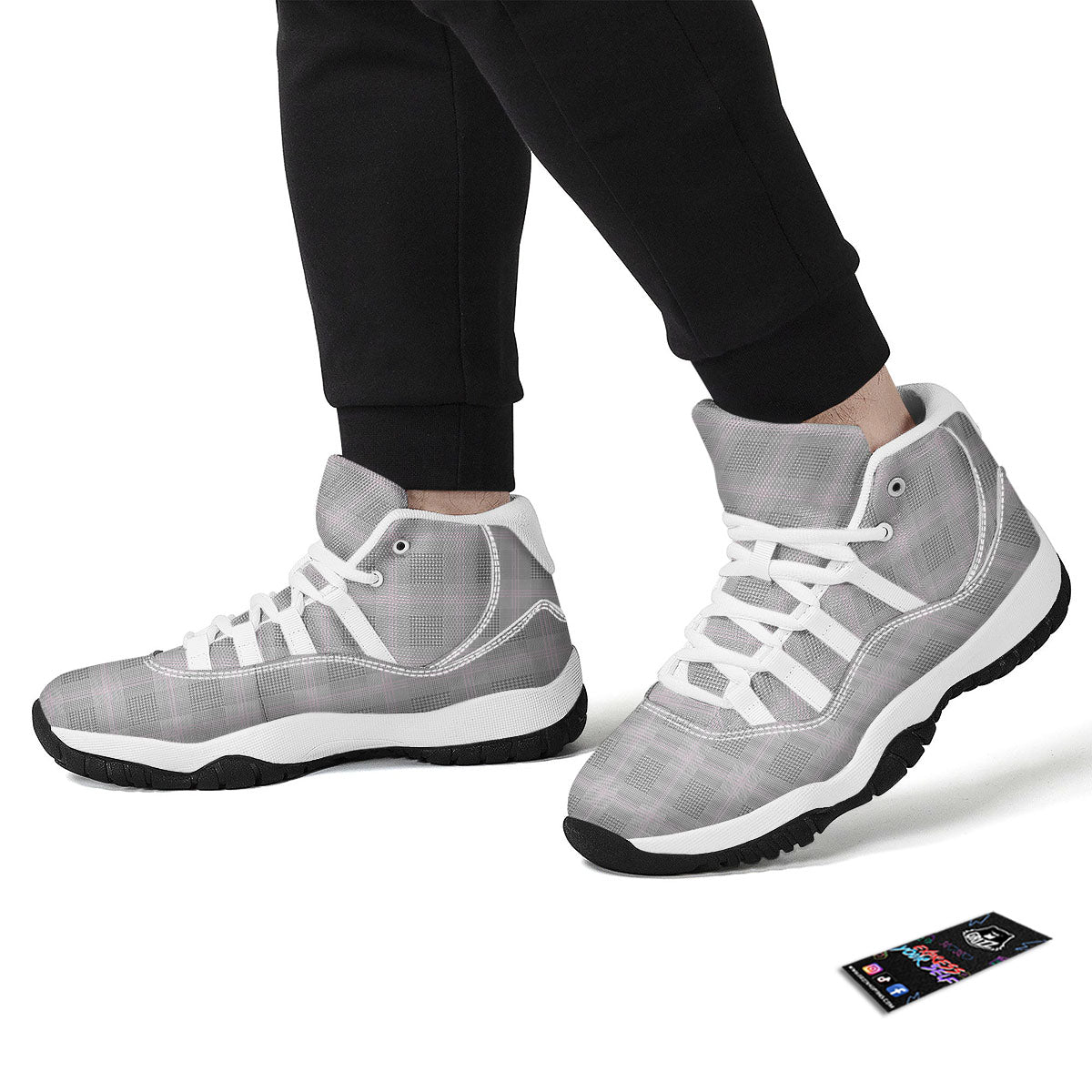 Grey Prince Of Wales Check Print White Bball Shoes-grizzshop