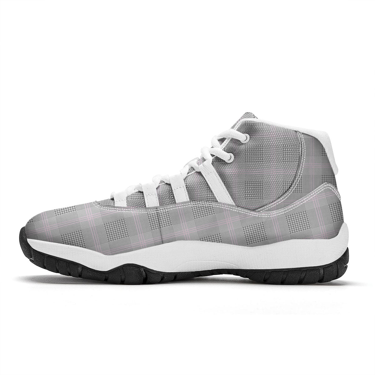 Grey Prince Of Wales Check Print White Bball Shoes-grizzshop
