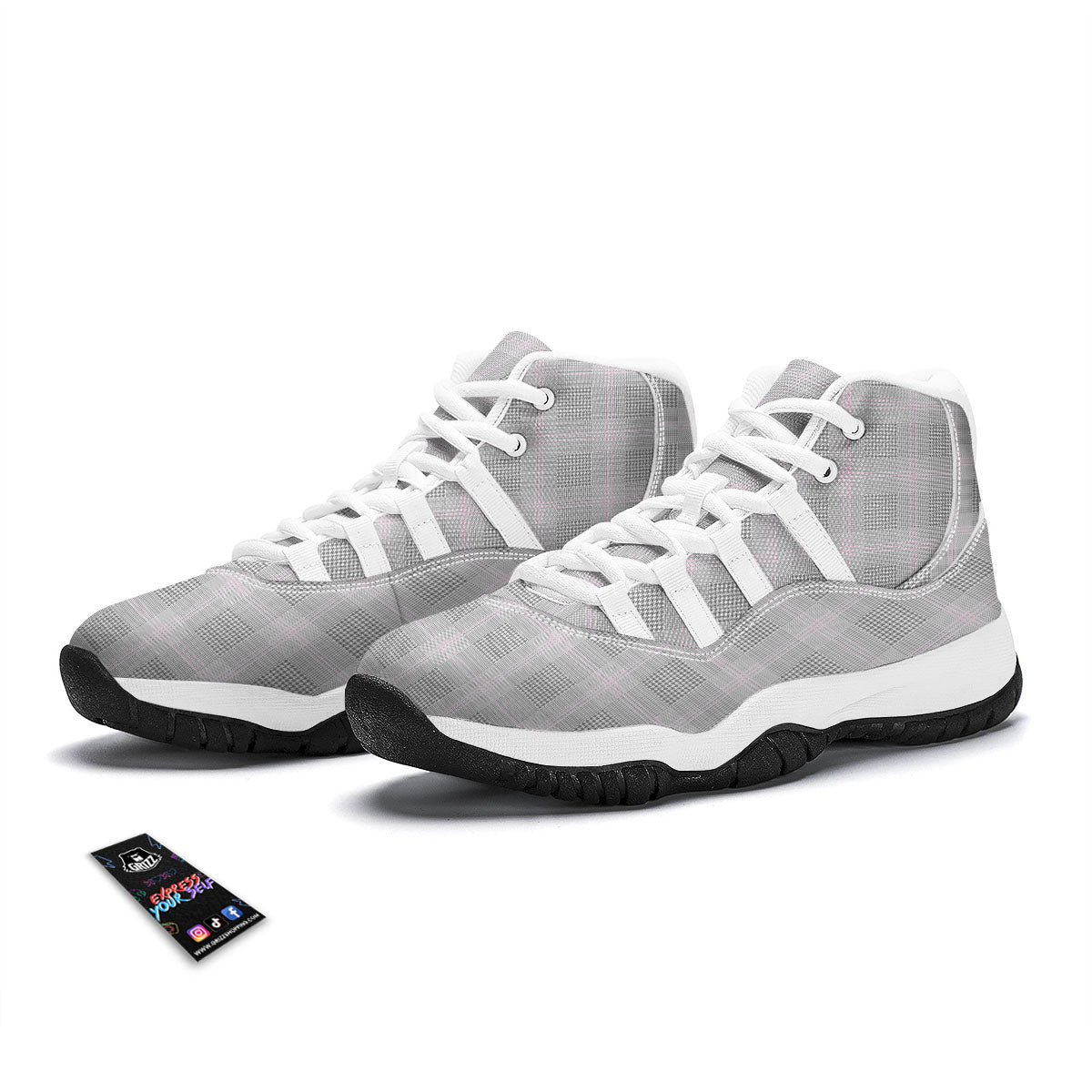 Grey Prince Of Wales Check Print White Bball Shoes-grizzshop