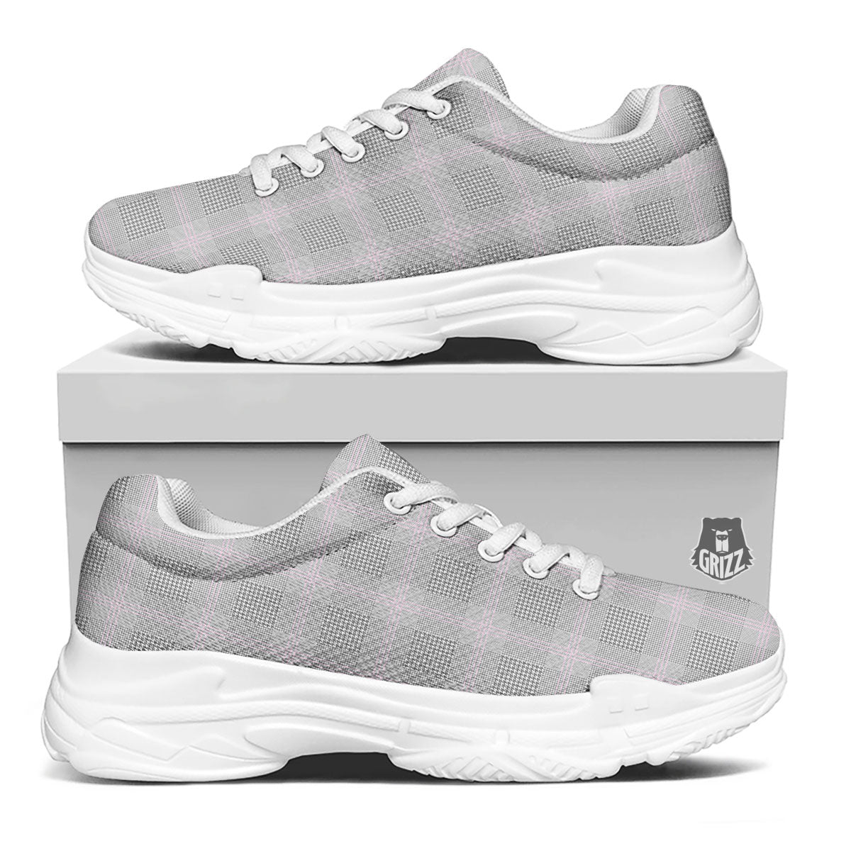 Grey Prince Of Wales Check Print White Chunky Shoes-grizzshop