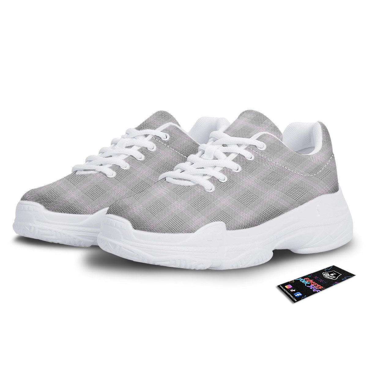 Grey Prince Of Wales Check Print White Chunky Shoes-grizzshop